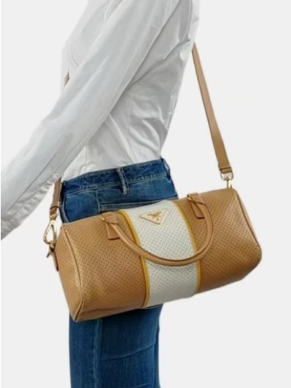 PRADA⭐️Vitello Daino Tan and White Perforated Leather Large Prada Barrel Hobo!⭐️ - Picture 15 of 16